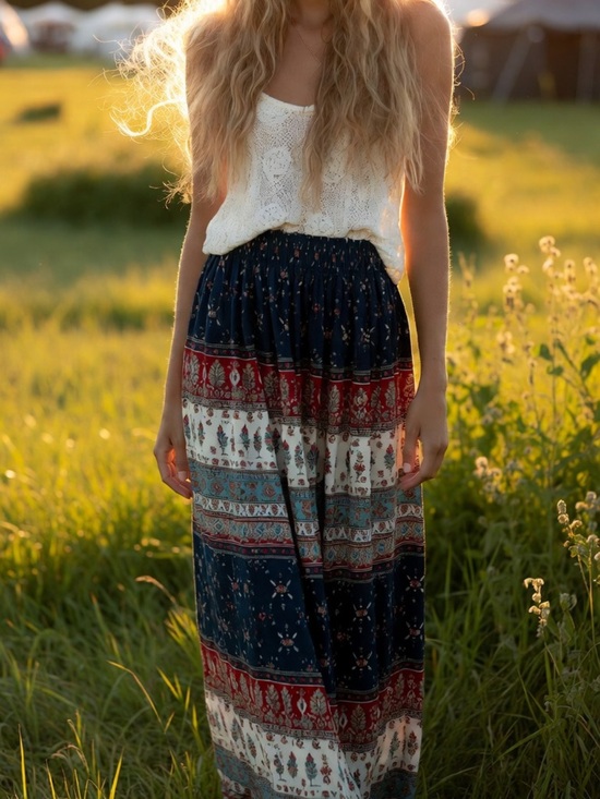 Cantata Dresses & Skirts - Boho Navy and Red Printed Maxi Skirt